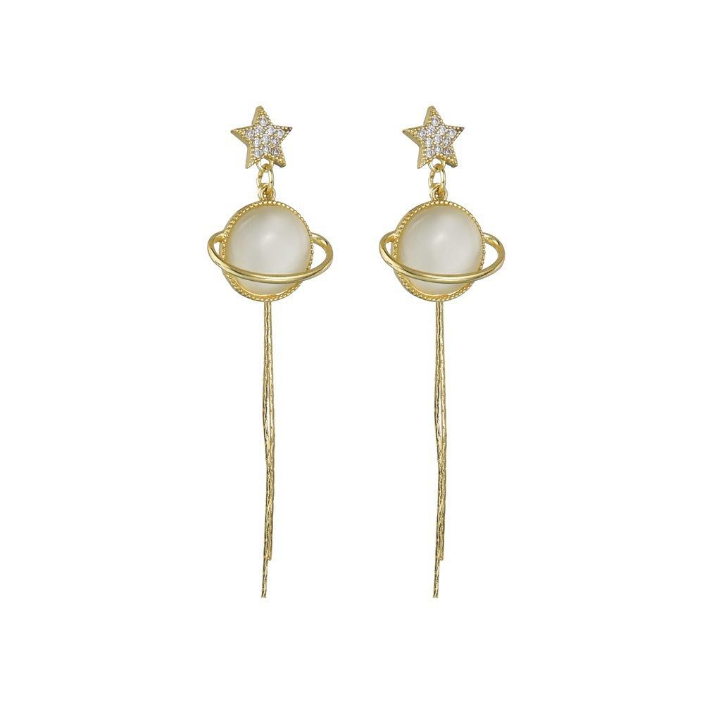 Personality Tide 111 Silver Needle Space Planet Earrings, Temperament Cat's Eye Round Ball Long Fringed Earrings Earrings