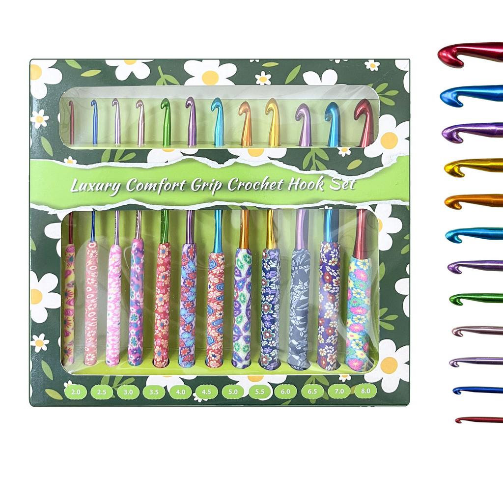 Handmade Crochet Hooks Set 12 Pcs Soft Clay Floral Handle Metal Yarn Needles for Knitting