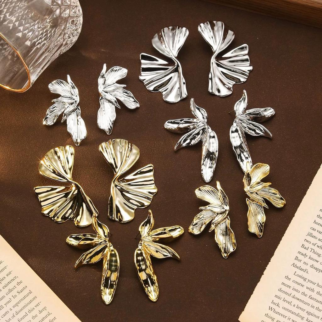 Hyperbole Long Water Droplet Flower Wing Round Wave Square Shell Golden Pendant Earrings for Women CCB Smooth Creative Jewelry