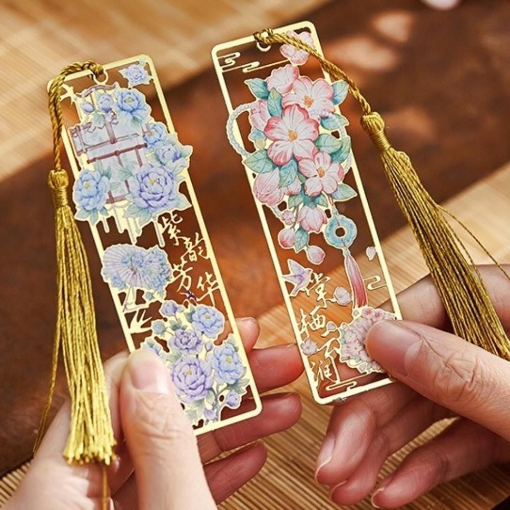 Bronzing Metal Bookmark With Tassel Floral Bookmark Book Tab Hollow Bookmark  Stationery Gifts