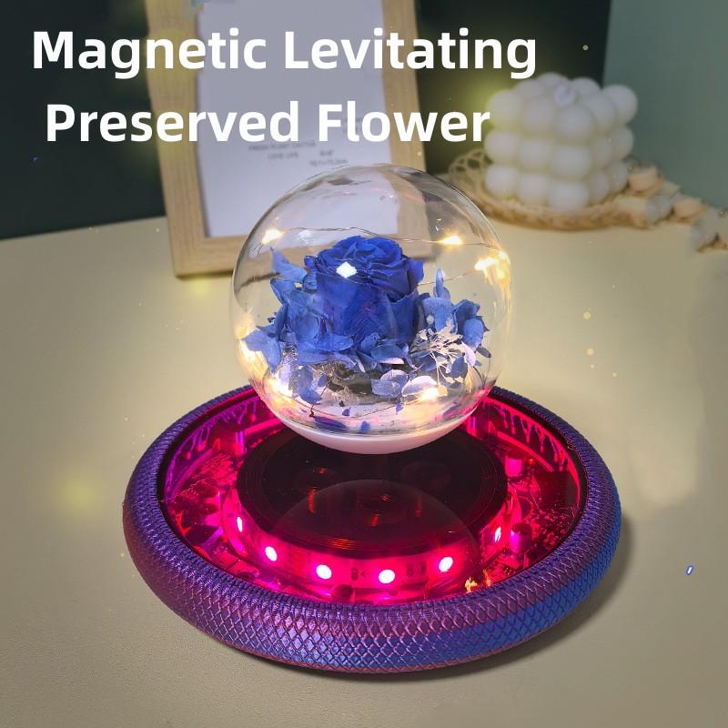 Magnetic Levitating Preserved Flower with Purple Base, 360° Free Rotation, Home Decoration Birthday Gift Valentine's Day Gift