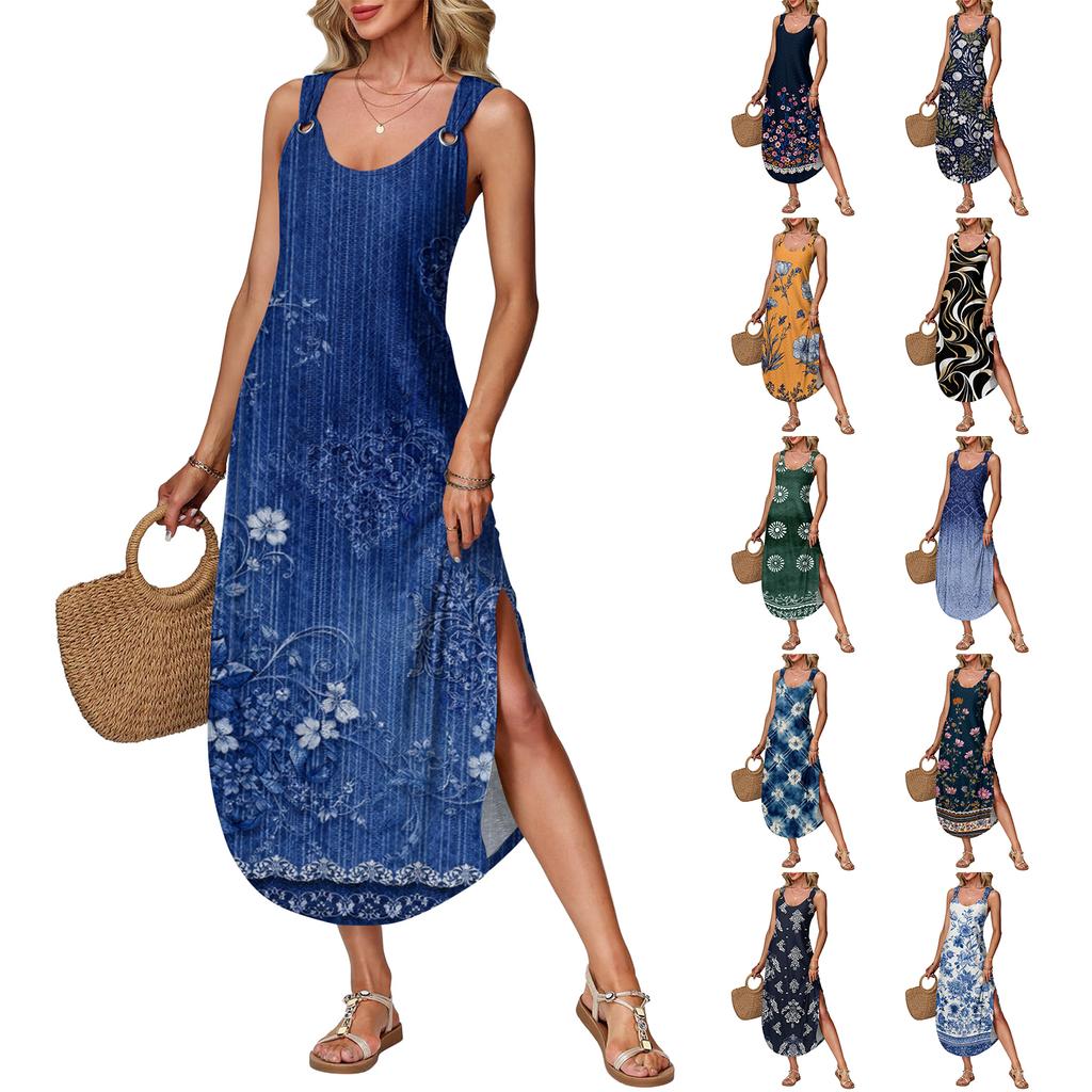 Women's Summer Long Dress, Sleeveless With Side Slits, Long Retro Printed Camisole Dress