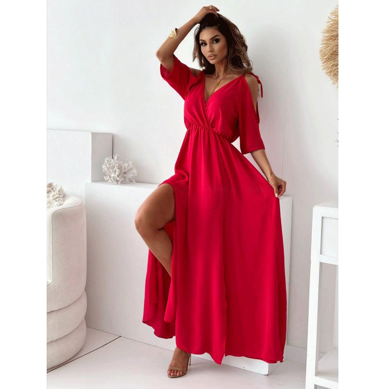 2024 Summer Women's Solid Color Lace-Up Waist Slit Dress with Hollowed-Out Design