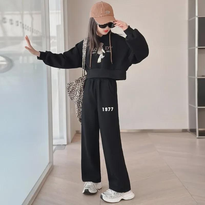 Girls' Spring/Autumn Letter Casual Hooded Sweatshirt & Trousers Set - Internet Celebrity Style Two-Piece Suit