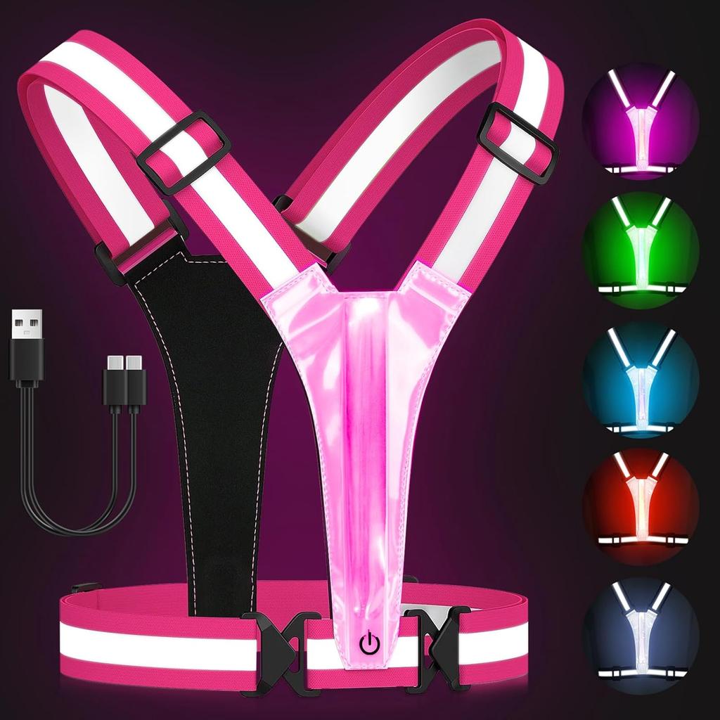 LED Reflective Vest Running Gear, 5 Lights Colors High Visibility Reflective Running Gear Rechargeable Light Up Running Vest for Running  Adjustable