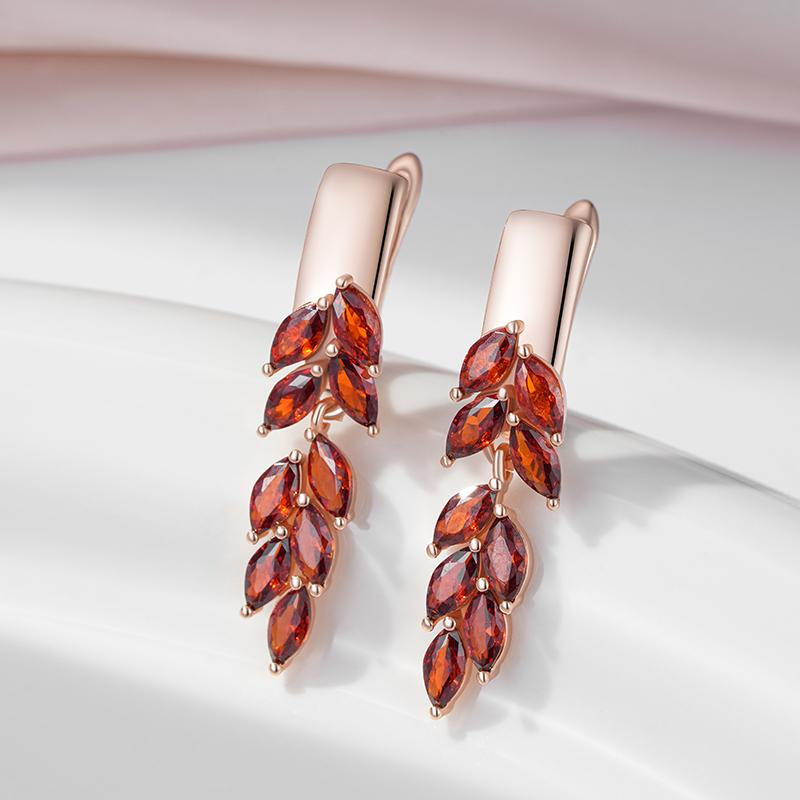 Brincos Pendentes de Folha com Zircônia Vermelha Cor Ouro Rosa Gancho Britânico Brincos de Luxo Para Mulheres Presente