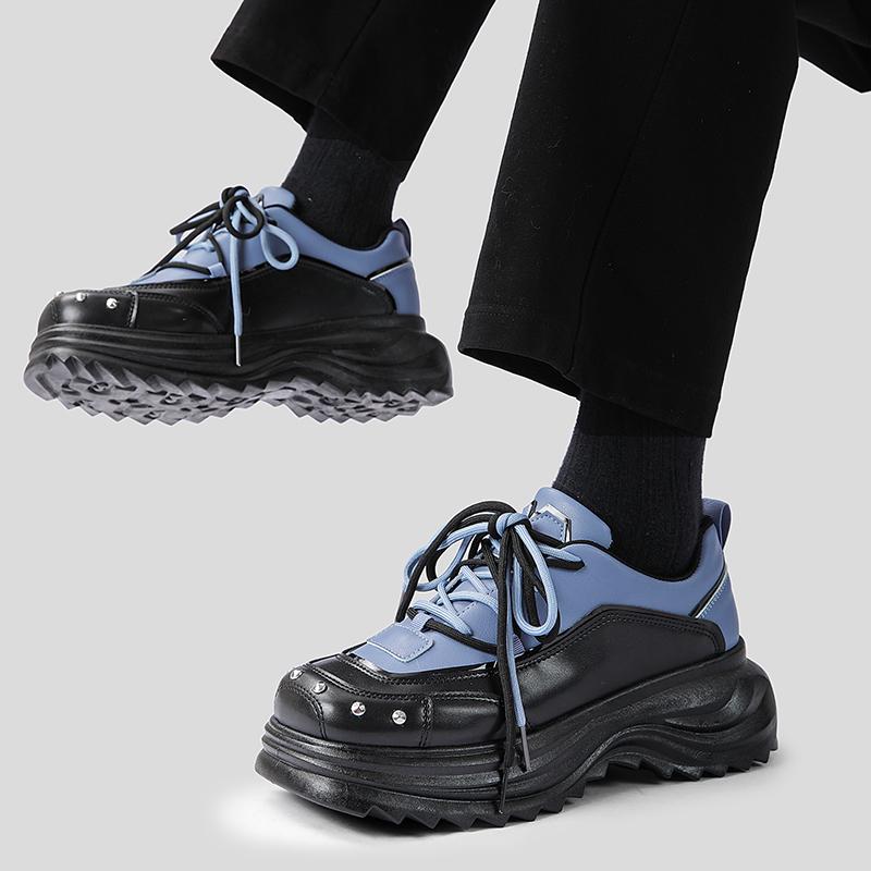 Fashion Fashion Blue Square Toe Leather Shoes Men Chunky Casual Sneakers Designer Rivets Platform Shoes Men Increase Height Derby Shoes