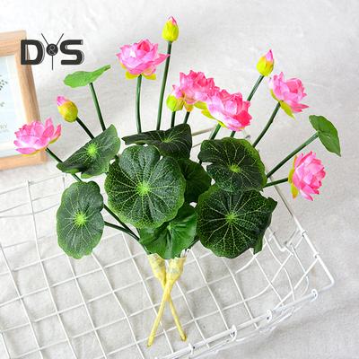Artificial Lotus with Green Leaf Stem Realistic Fake Flower Home Office Table Centerpiece Faux Flower Branch Floral Arrangement Decoration