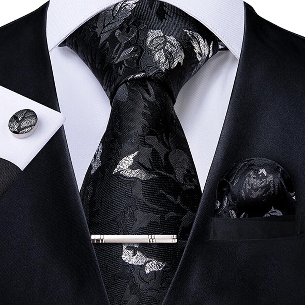 Slik Mens Tie Clip Set Blue Floral Necktie Pocket Square Cufflinks Wedding 4pcs