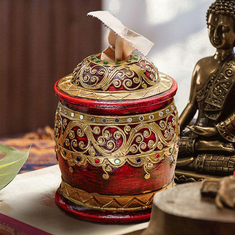 Solid Wood Retro Tissue Box, European High-end Roll Paper Tube, Circular with Lid, Living Room Household Roll Paper Box