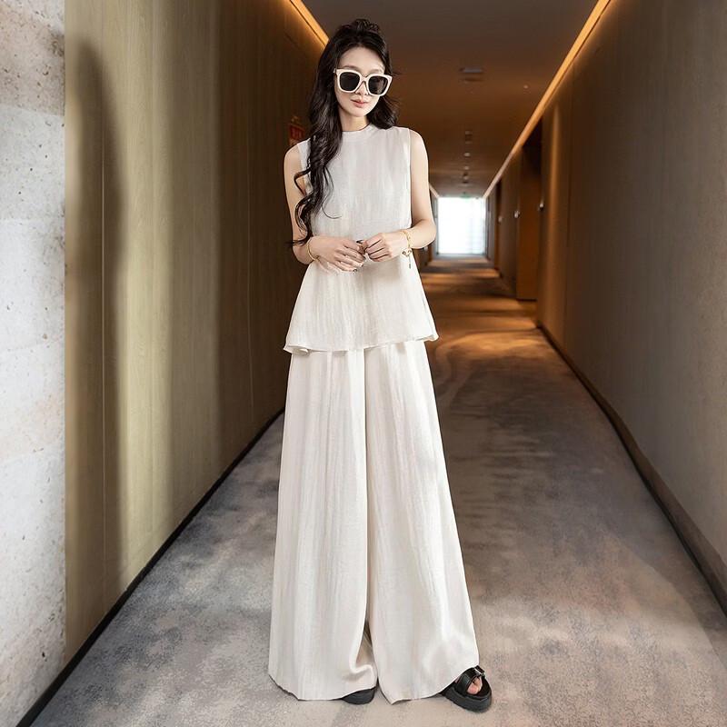 Women's Linen Blend Two-Piece Set with Loose Top & Wide-Leg Pants