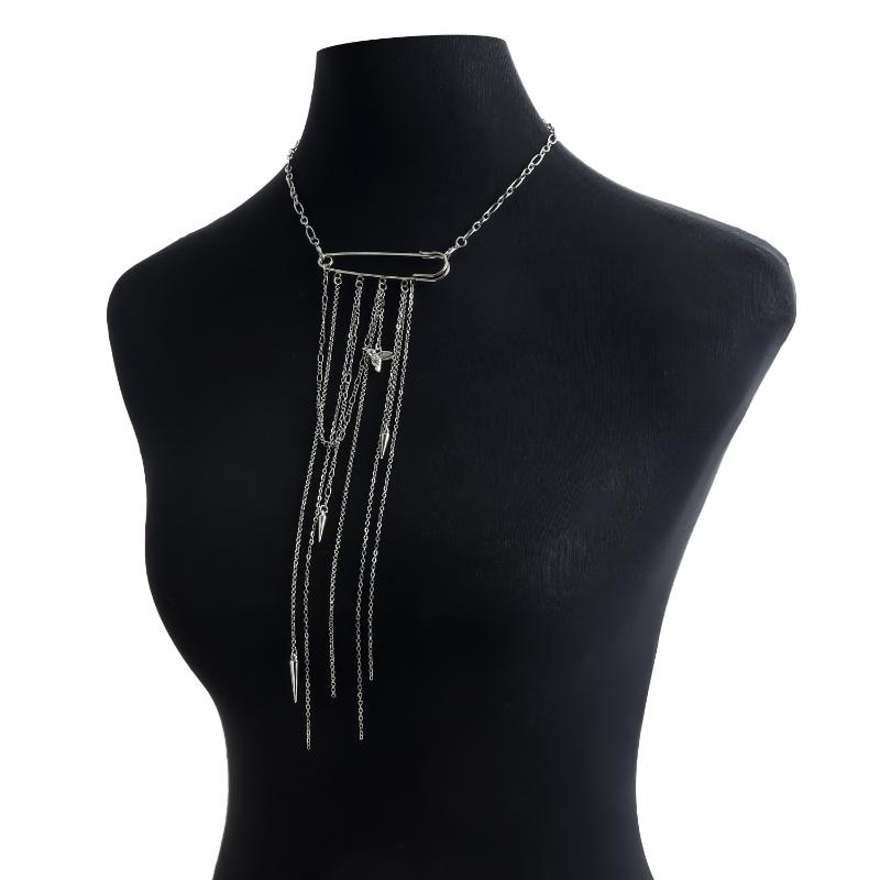 2-In-1 Gothic Safety Pin Necklace Brooch Punk Tassel Chain Brooch Statement Jewelry Gift