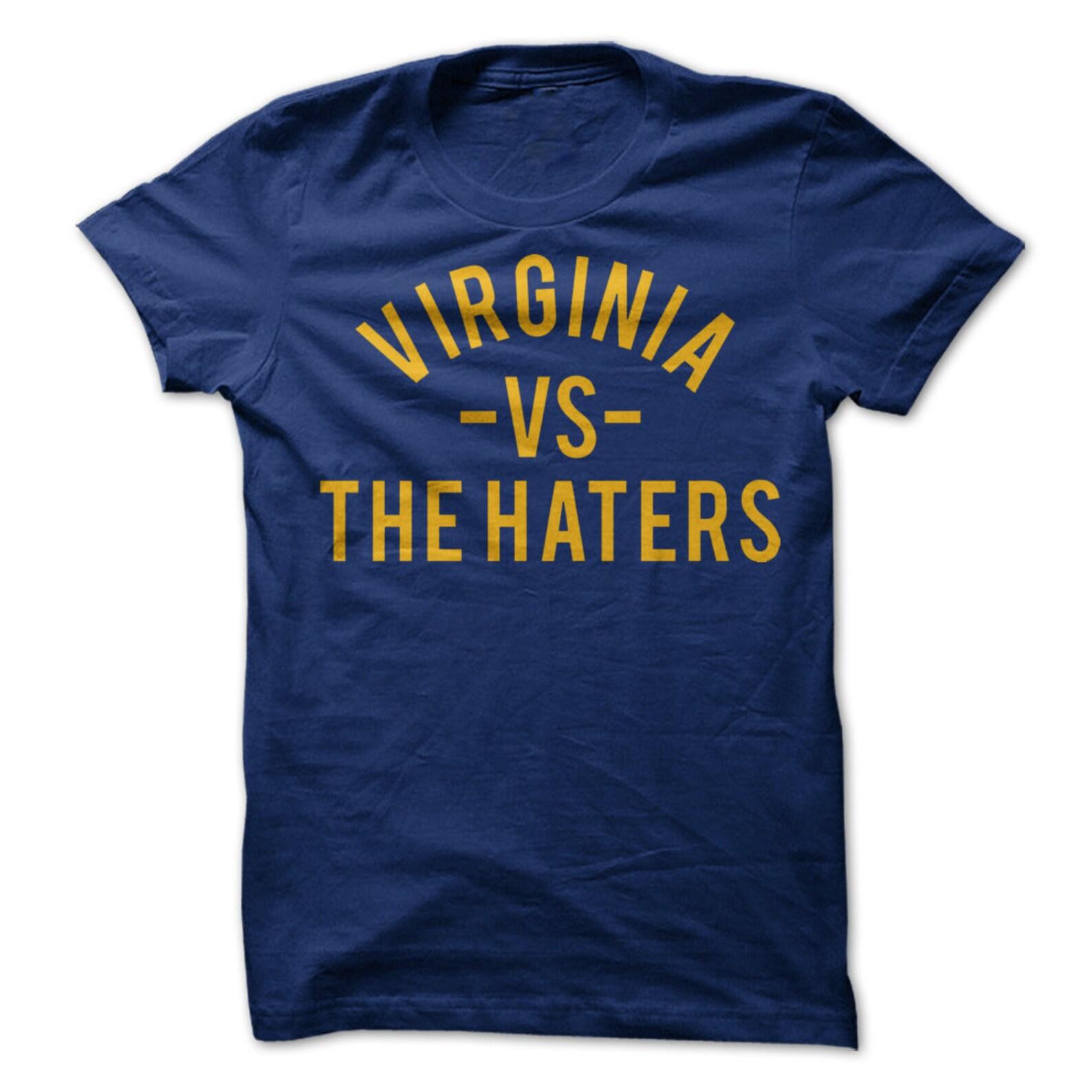 Virginia vs. the Haters T-Shirt Design - Navy Blue Shirt with Orange Print M