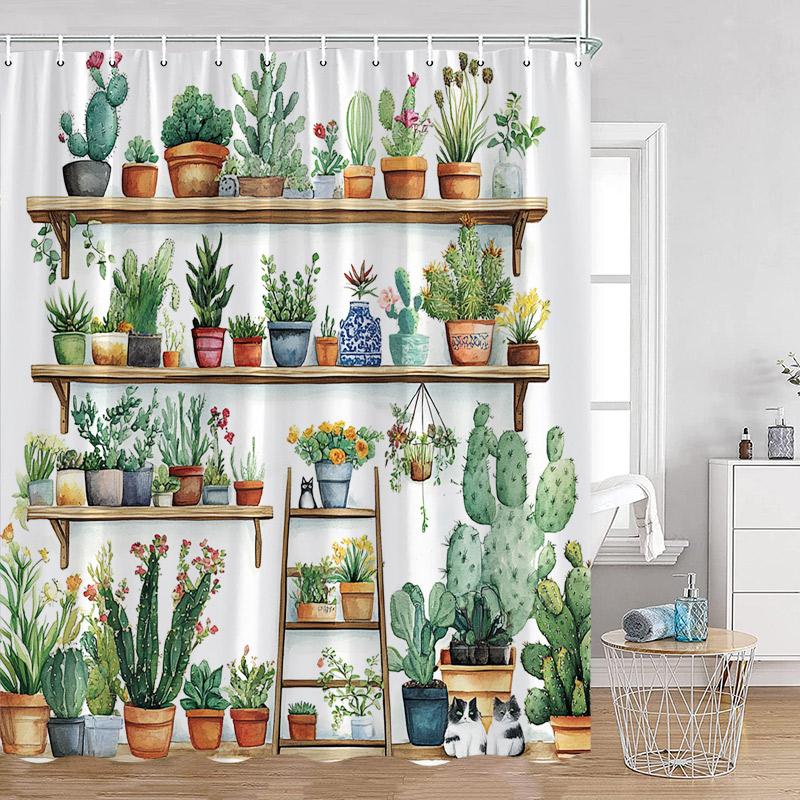 Plant Shower Curtain Cats Green Potted Plants Leaves Cat on the Toilet Modern Bathroom Decor Polyester Fabric Bathtub Curtain