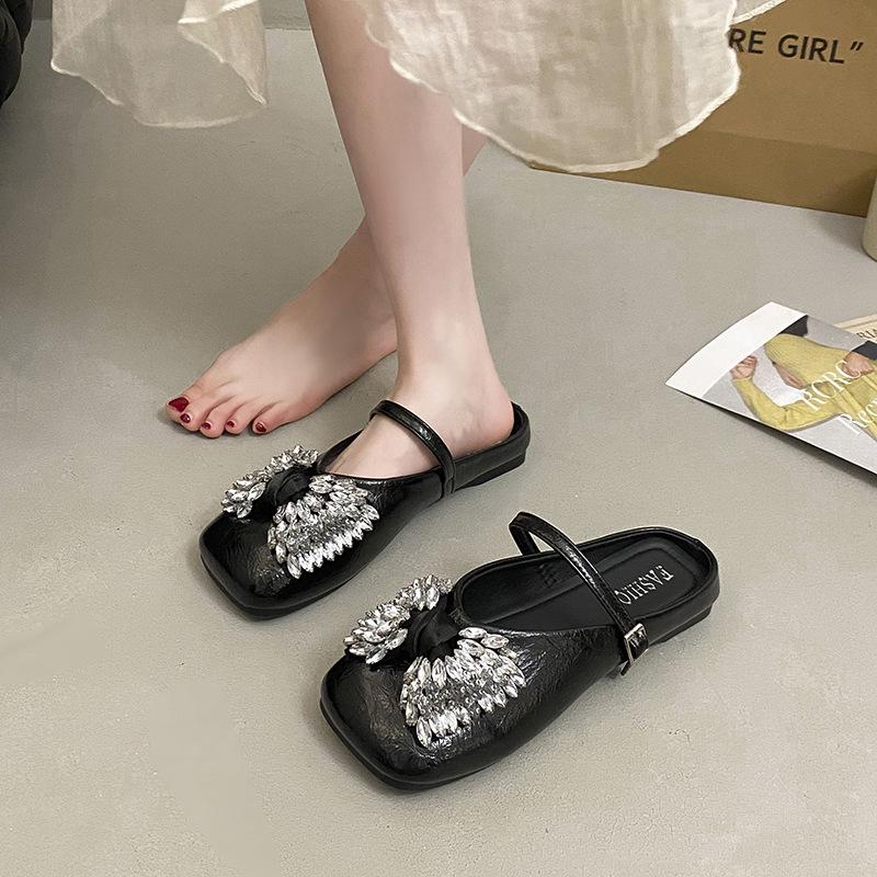 Rhinestone one-word buckle with bow half-drag single shoes women's 2025 summer new versatile square head comfortable soft bottom bag head