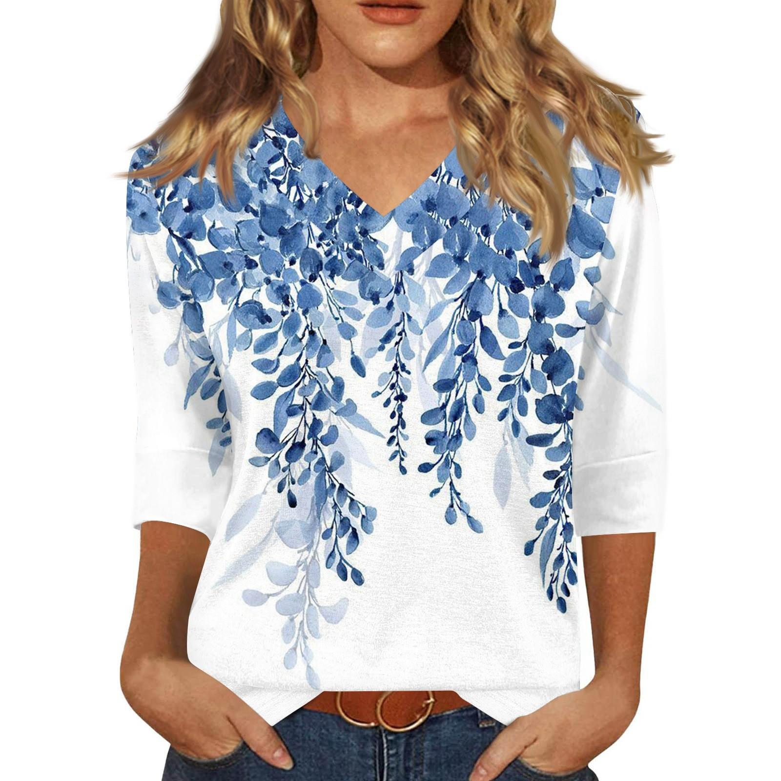 

Женская модная повседневная свободная футболка с v-образным вырезом и рукавами 3/4 с принтом, женский топ XL небесно-голубой