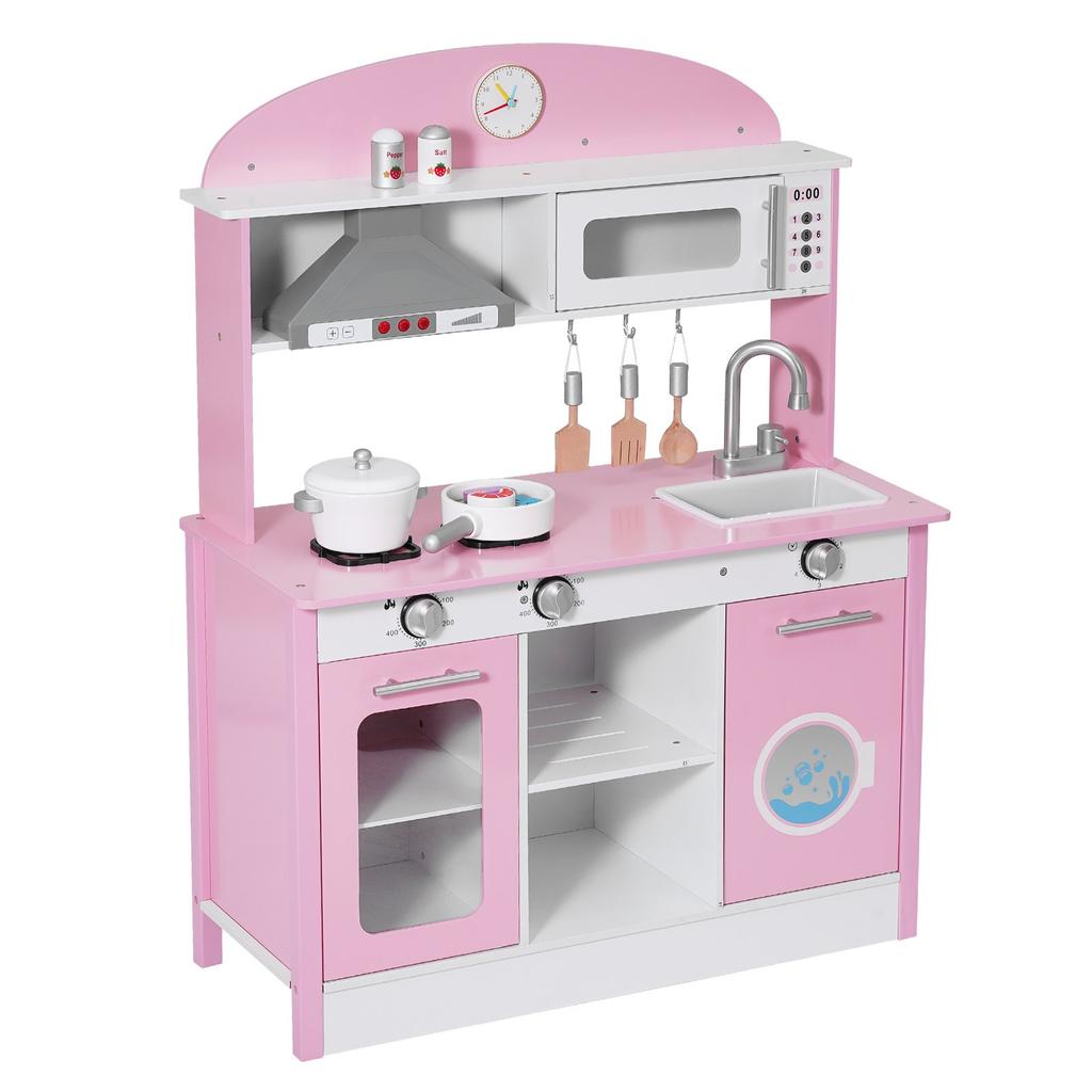 VEVOR Play Kitchen for Kids, Wooden, Kids Kitchen Playset with Real Lights & Sounds, Food & Cookware Accessories, Pretend Play Toy Set
