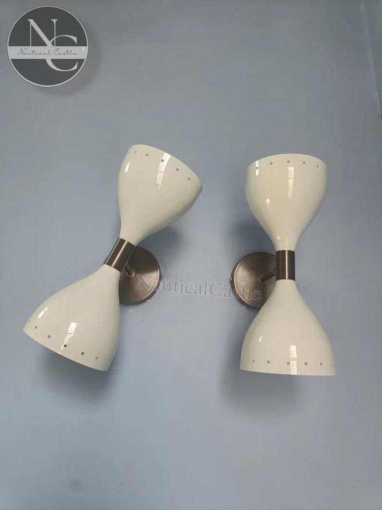 Mid Century Italian Brass Diabolo Wall Sconce Pair - Cream White