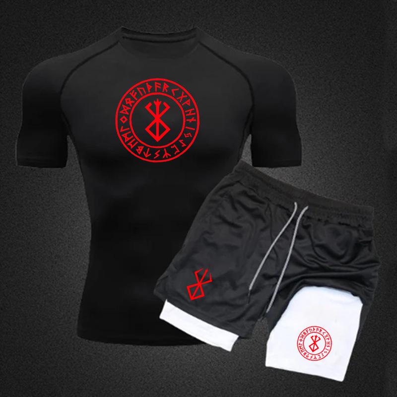 Men's Anime Double-Layer Quick-Dry Shorts & Tee Set for Outdoor Running & Fitness