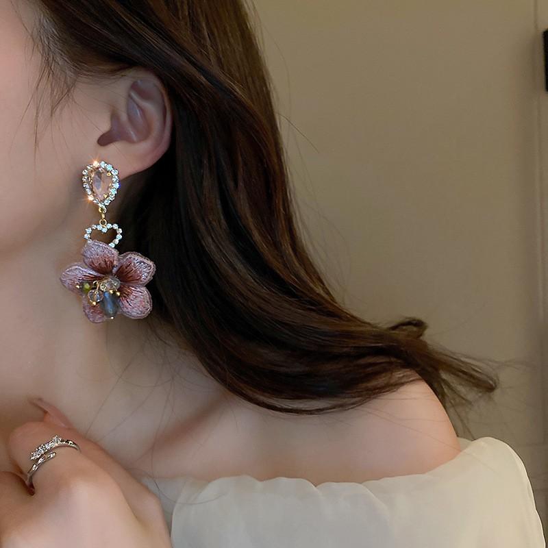 Vintage Asymmetric Fabric Flower Earrings Crystal Inlaid Elegant Ear Jewelry Women