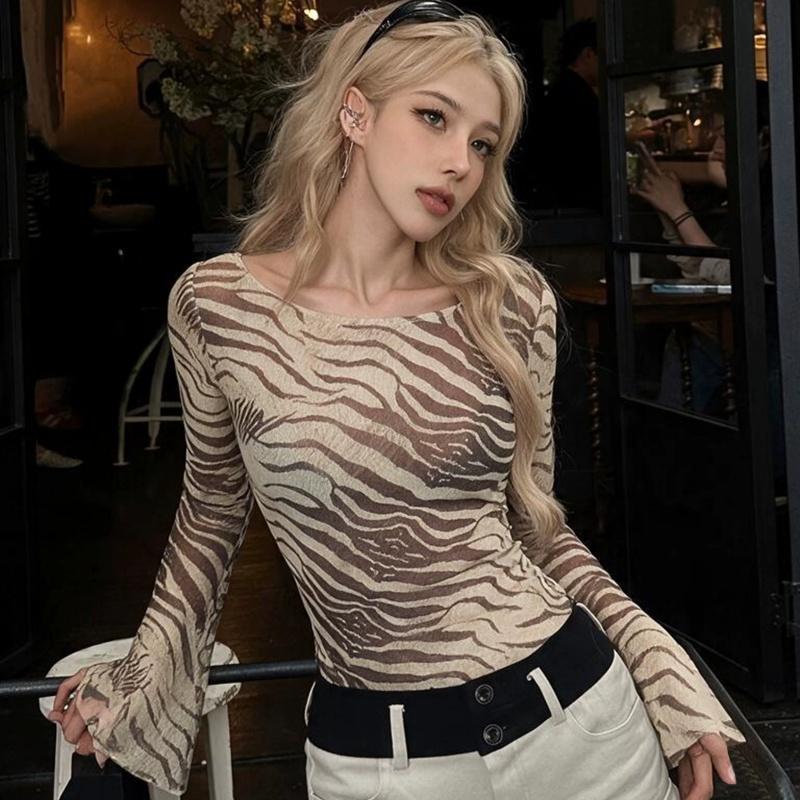 Zebra Printed Mesh Sheer Sexy Shirts & Blouses Long Sleeve Tops Fashion 2025 Fall Clothes for Woman