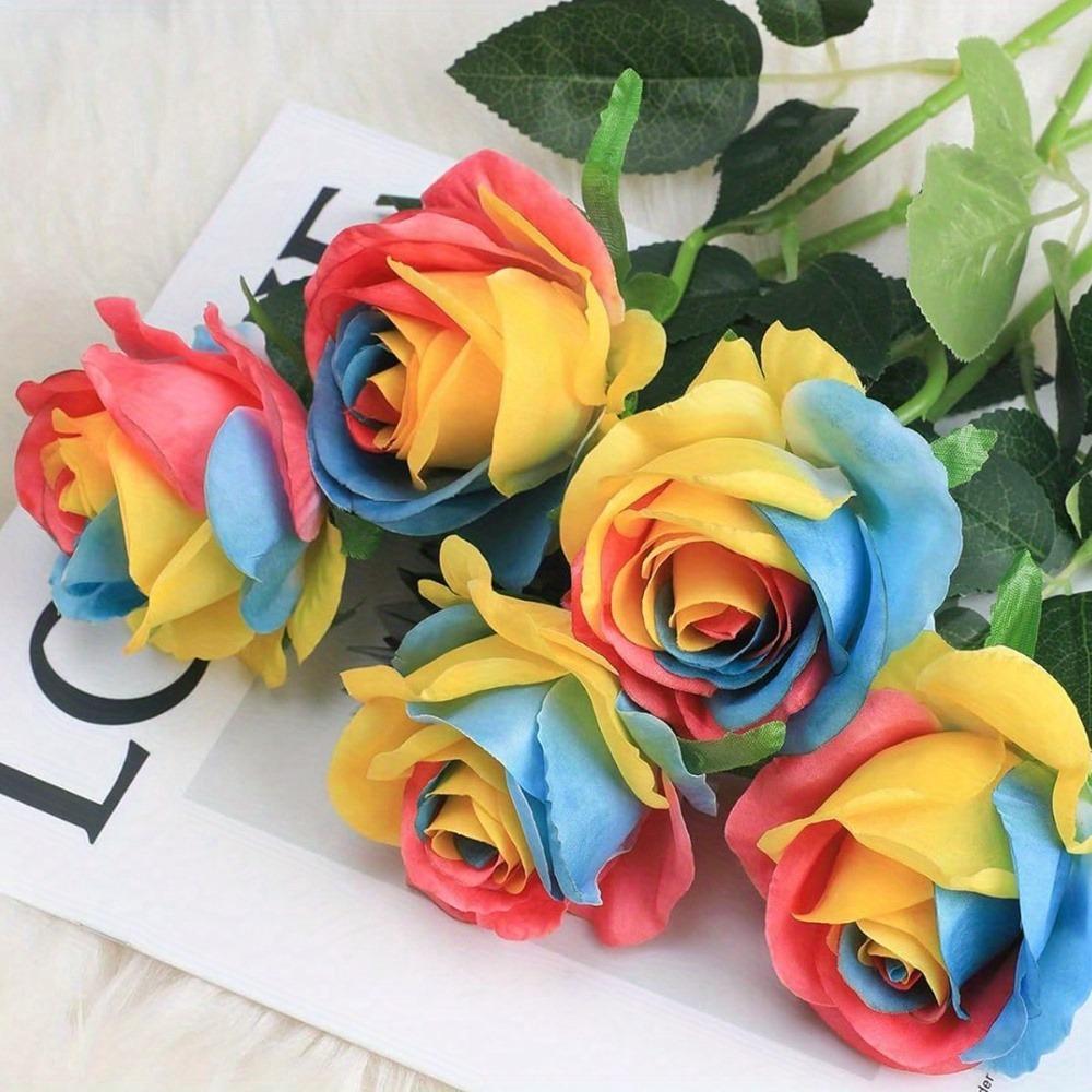 10 Pcs 50cm Rainbow Fake Roses Artificial Flowers Fake Artificial Roses Silk Flowers with Stems for Home Wedding Hotel Office Centerpiece Decor