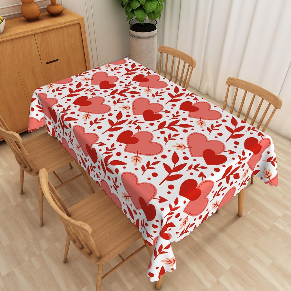 Valentines Day Tablecloth Waterproof Pink Red Heart Pattern Romantic Dinner Date Washable Kitchen Table Cover Wedding Decoration