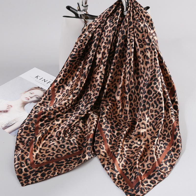 Luxury Square Silk Scarf Leopard Bandana Foulard Satin Hijabs for Women Summer Soft Neckerchief Party Hair Accessories 90x90cm