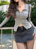 2KWEIRD  Women T-shirt Spring Autumn Clothes Ribbed Knitted Long Sleeve Short Tops Zipper Design Tee Sexy Female Slim Tops