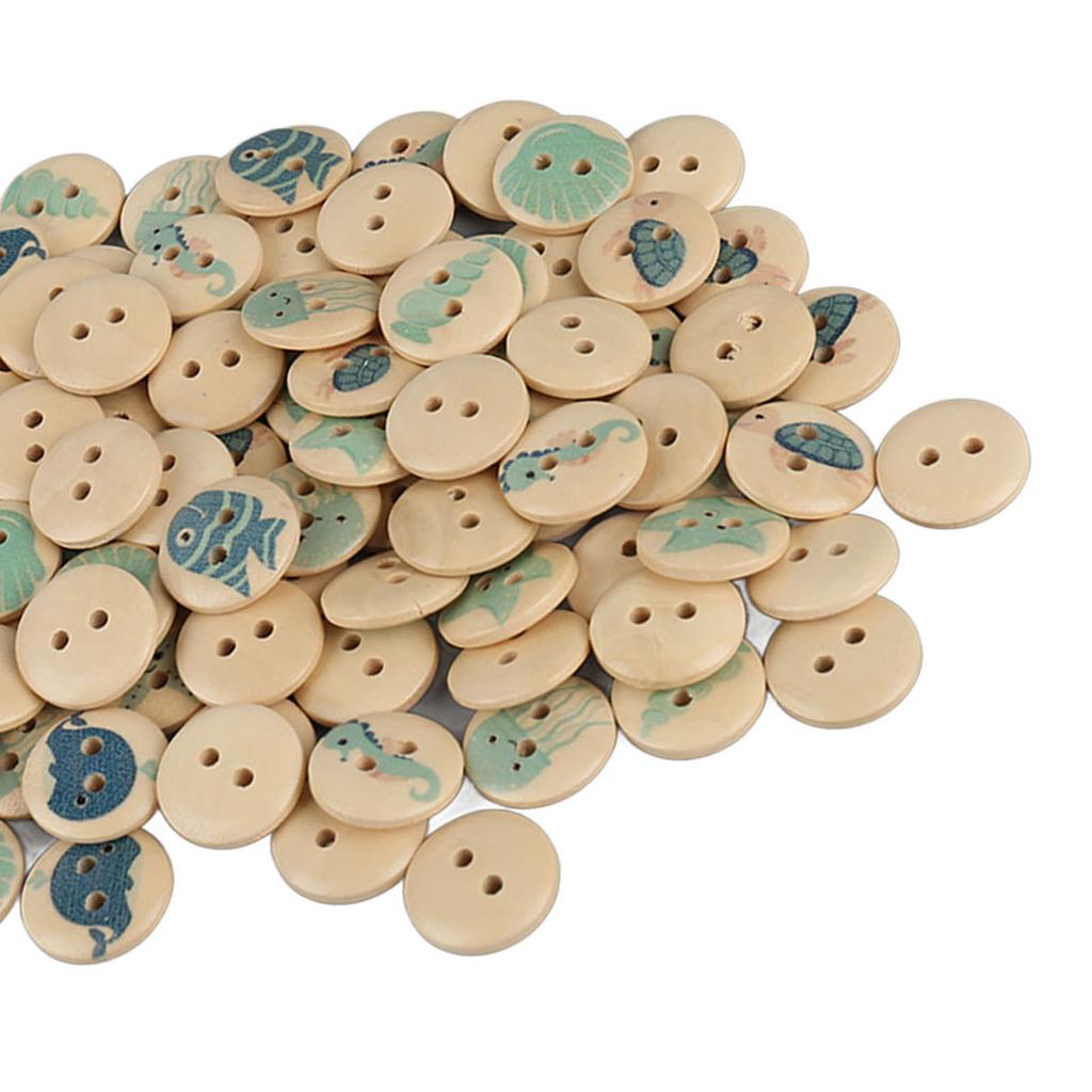 100pcs Mixed Printing Wooden Buttons 2 Holes Round Decorative Wooden Buttons for Sewing Craft