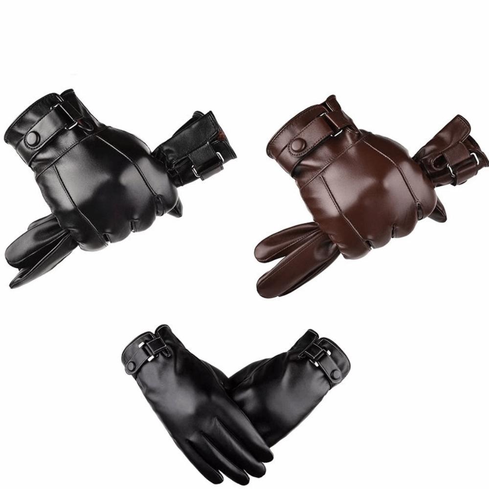 Keep Warm Men's PU Leather Gloves Windproof Motorcycle Full Finger Mittens  Driving
