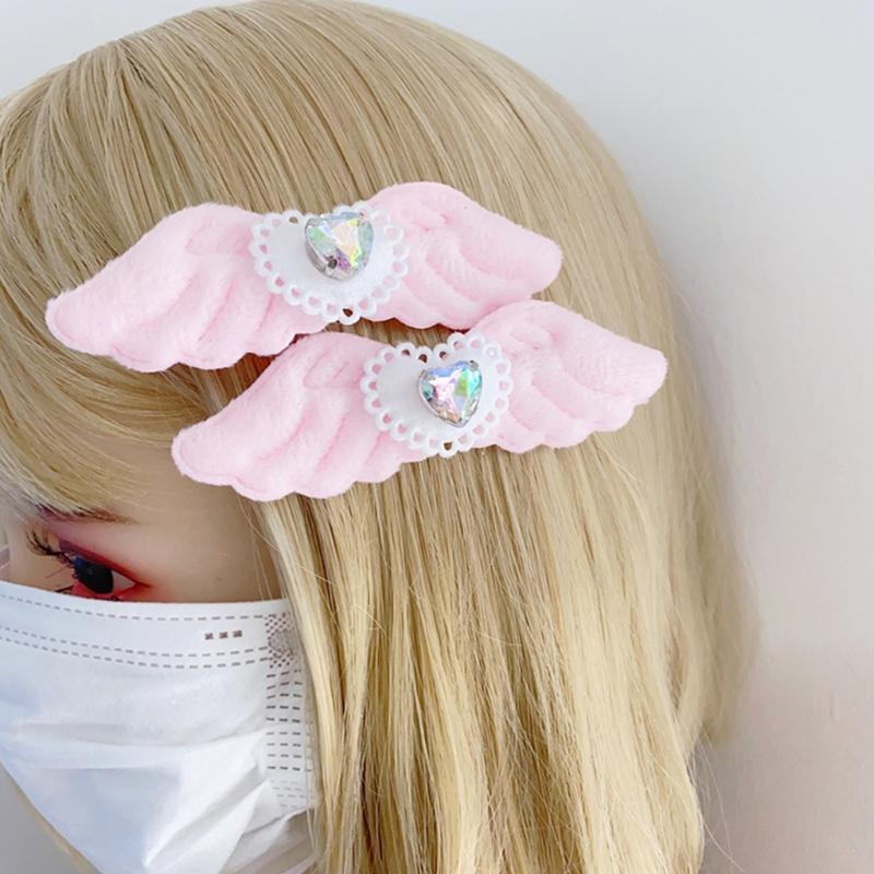 2pcs Lovely Hair Clip for Girl Plush Wing Shape Hair Barrettes with Rhinestones Heart Decals Braids Hair Clip for Girl