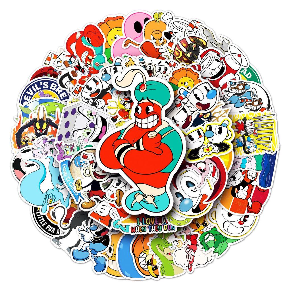 50pcs Cartoon Tea Cup Head Stickers: Waterproof, Creative Decorations for Suitcases, Scooters, Tablets, and Computers