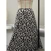 Summer New Women's Leopard Print High Waist Skirt Elastic Waist Slit Hem Casual Long Skirt