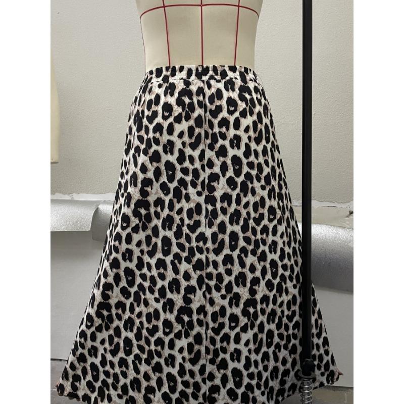 Summer New Women's Leopard Print High Waist Skirt Elastic Waist Slit Hem Casual Long Skirt