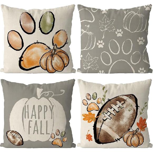 

Fall Pillow Covers 18x18 Inch Set of 4 Football Dog Paws Throw Pillow Covers Pumpkins Autumn Harvest Pillowcase Farmhouse Home Decorations Sofa 18 x18