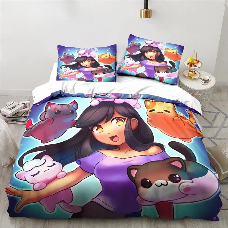 Cartoon Game Cute Aphmau with Wings Bedding Set Twin Queen King Size Duvet Cover Pillowcase for Boys Girls