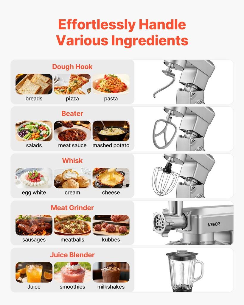 Stand Mixer, 4.3 L Electric Kitchen Mixer, 1300W Dough-Mixer, 6+P Speeds Tilt-head Food-Mixer with 1.5 L Blender Cup, Stainless Steel Bowl, Dough