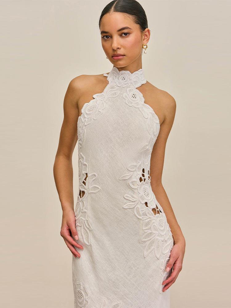 2026 Spring/Summer Elegant Sleeveless Halter Floral Embroidery Linen Dress for Women