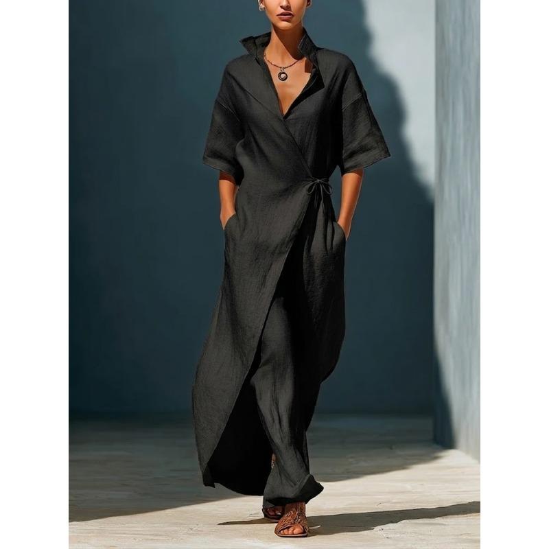 Summer New Style Casual V-neck Short-sleeved Belt-wrapped Fitted Slimming Figure-enhancing Blouse Dress