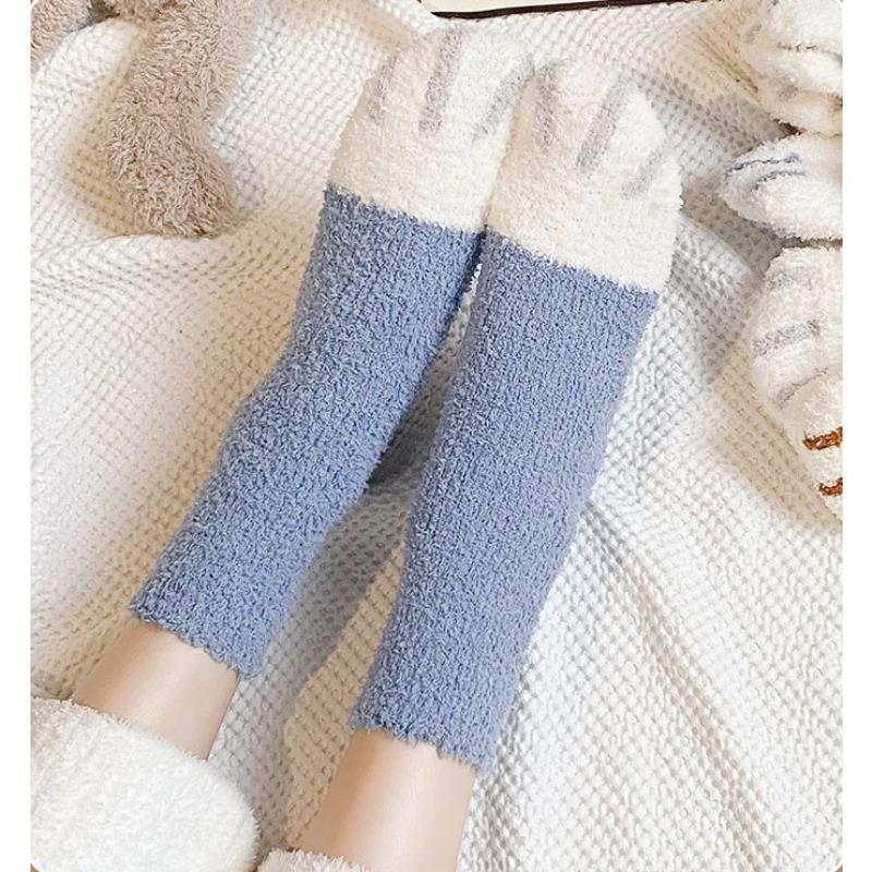 Cat Paw Striped Cute Socks Coral Fleece Winter Women Socks Thick Thermal Floor Sleeping Socks Candy Color Velvet Sock Warm