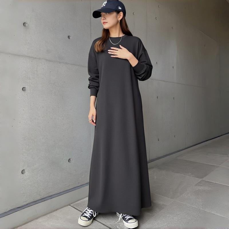 2025 Korean Style Long Sleeve Casual Sweatshirt Dress for Women – Loose, Slimming, Over-the-Knee Design.