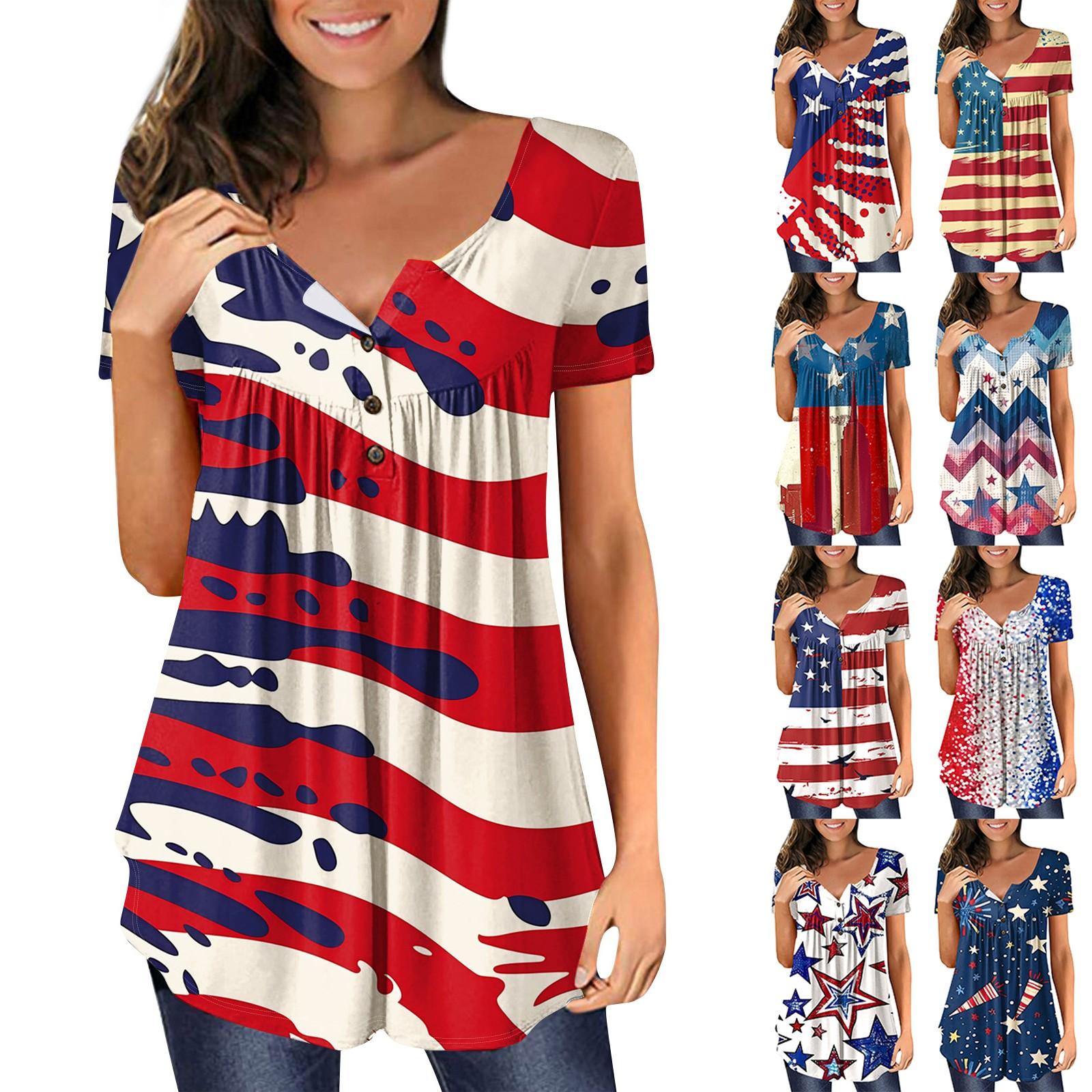 

Женская модная повседневная футболка с коротким рукавом на пуговицах и цветочным принтом в честь Дня независимости с v-образным вырезом
