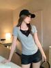 Navy Blue Fake Two-piece Neck Sling Short-sleeved T-shirt Women's Summer New Design Slim-fitting Short Top