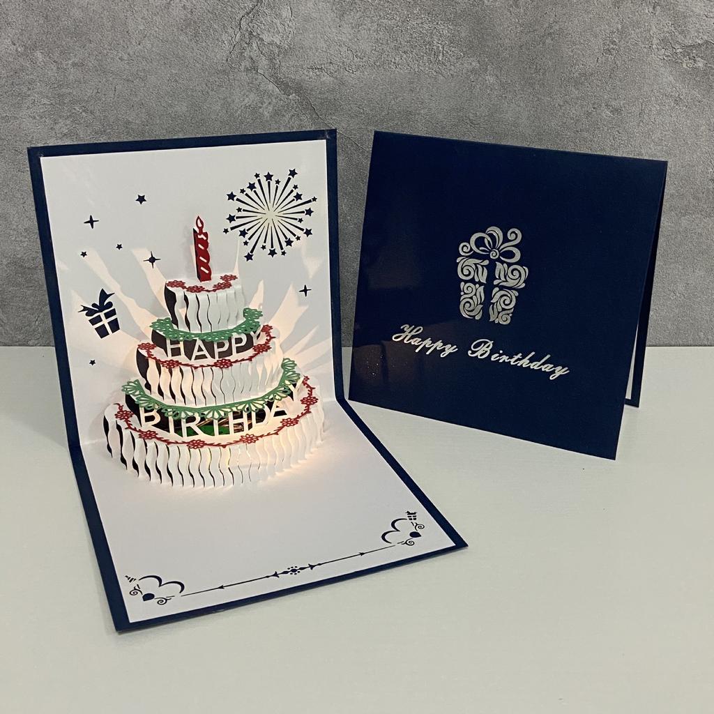 3D Musical Birthday Cake Card Pop Up Colourful Light with Envelope for Kids Baby Shower Wife Birthday Party Greet Cards DropShip
