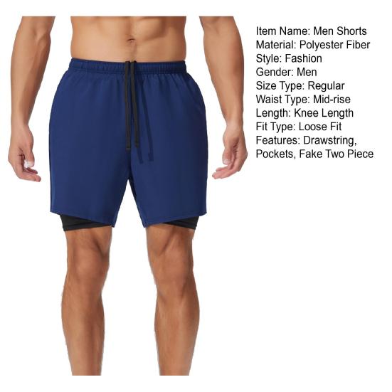 Men Shorts Adjustable Waist Drawstring Fake Two-Piece Design Moisture-Wicking Quick-Drying Running Sport Shorts