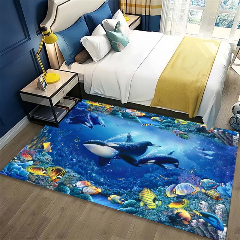 Undersea Orca Coral Tropical Fish Print Area Rug Ocean Sea Non‑Slip Rectangular Floor Mat Game Room Living Bedroom Home Decor Rug
