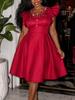 AOMEI Elegant Red Pearl Beaded Ruffle Sleeve A Line Dress V Neck Fit and Flare Holiday Party Cocktail Birthday Special Occasion