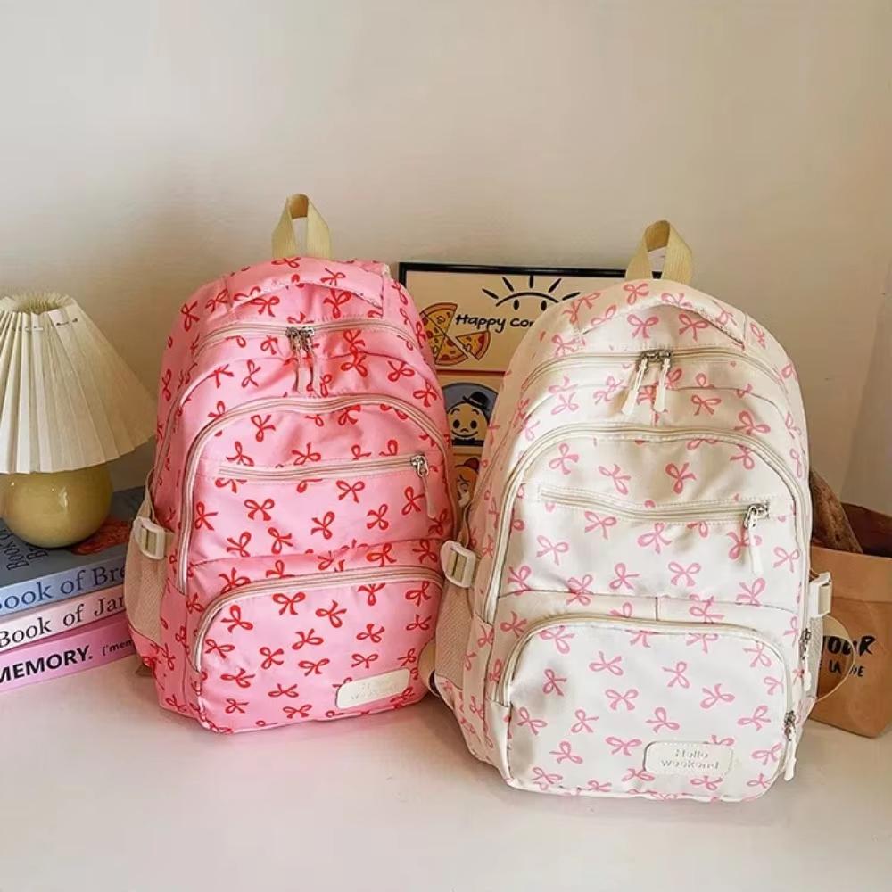 3 Pcs/Set Bow Print Nylon School Backpack, Cute Large Capacity Travel Schoolbag with Adjustable Straps