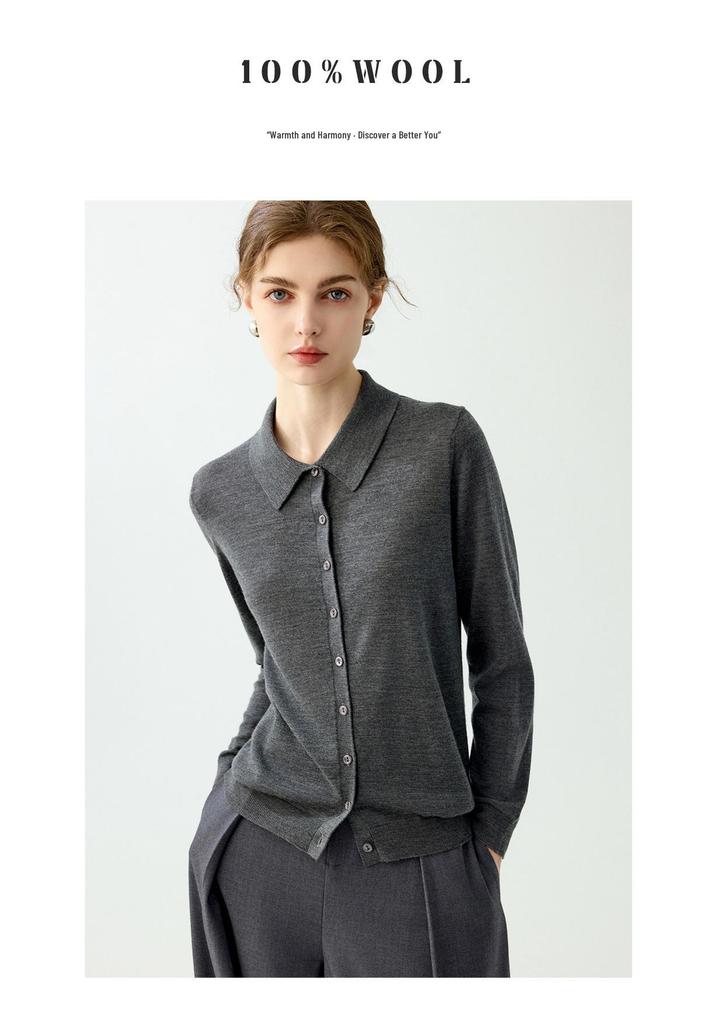 Yangzi 100% Wool Cardigan - POLO Collar Spring & Autumn Fashionable, Age-Reducing Knit